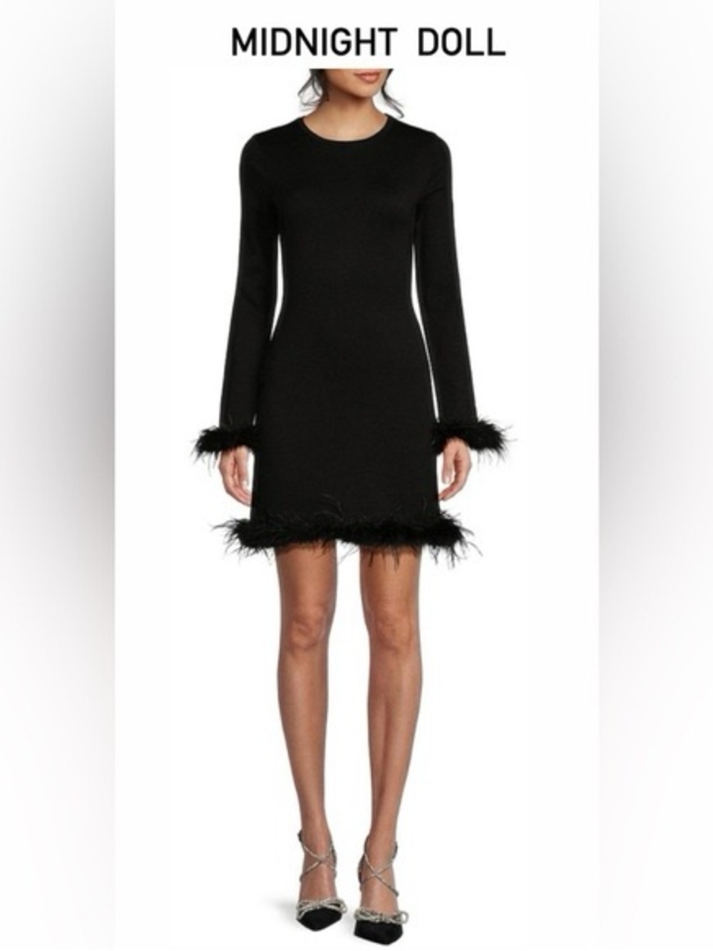 Midnight Doll Black Feather-Trim Mini Dress